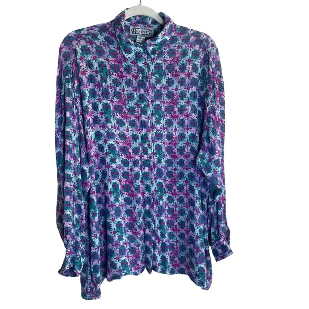 Vintage Bonjour Button Down Pink Purple Teal Abstract Floral Tie Dye Print Large